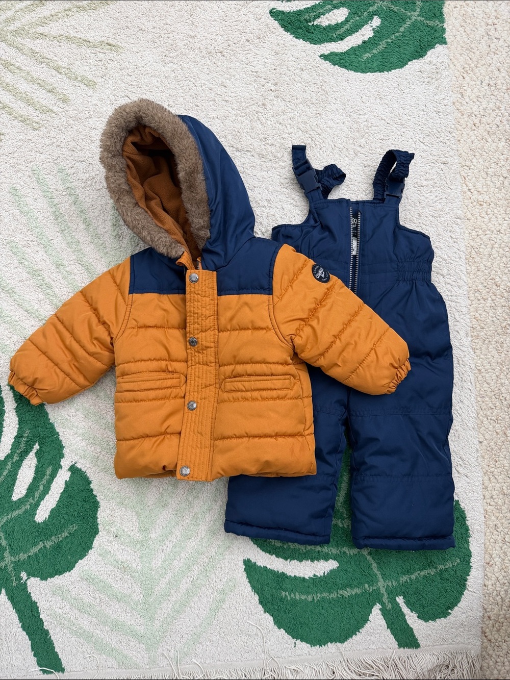OshKosh B'gosh Mustard and Navy Puffer Jacket with Navy Bib Overalls